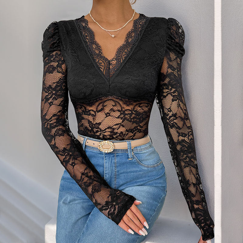 Damen Spitzenoberteil mit voluminösen Ärmeln Drune