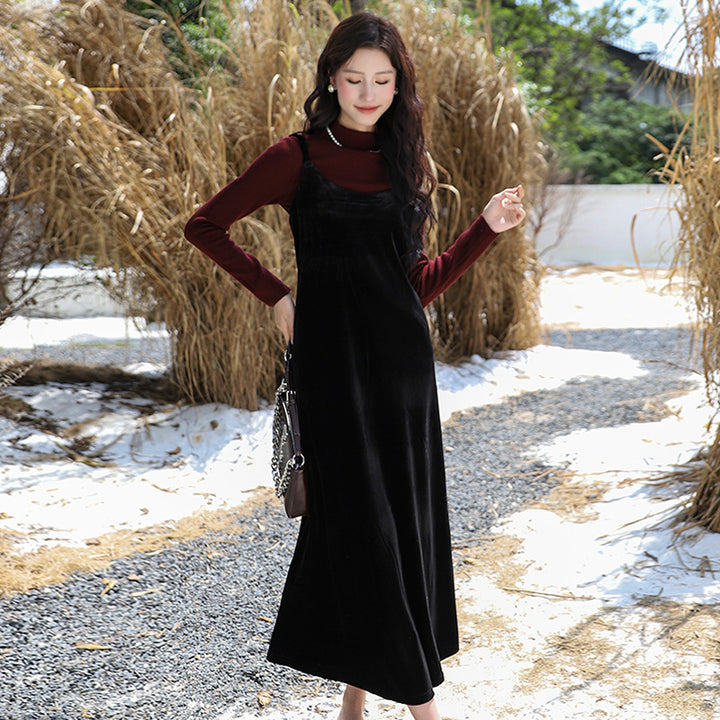 Damen nan elegantes Samt-Camisole-Maxikleid mit schmalen Trägern, geradem Fall und fließender Silhouette Drune
