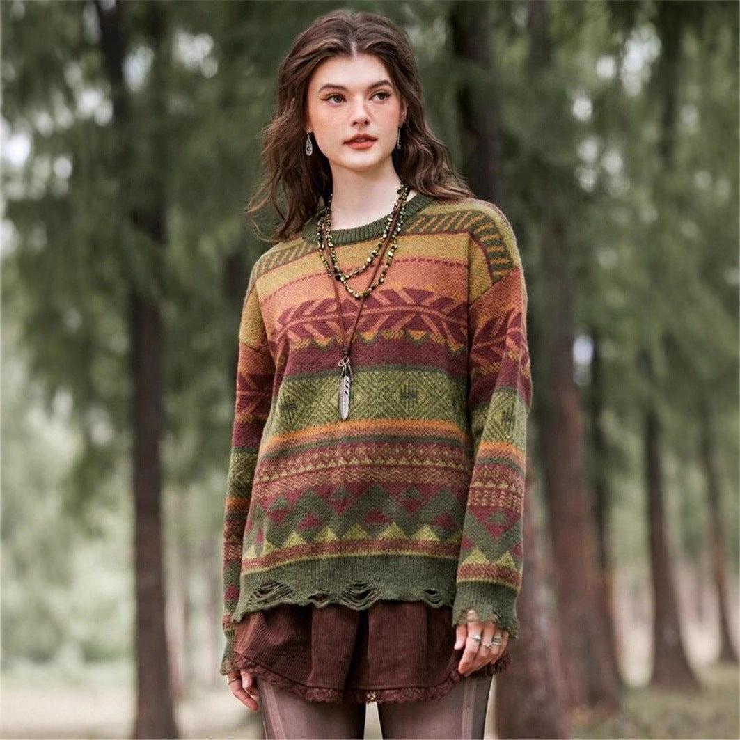 Damen Gemusterter Pullover im Boho-Stil mit fransigem Saum Drune