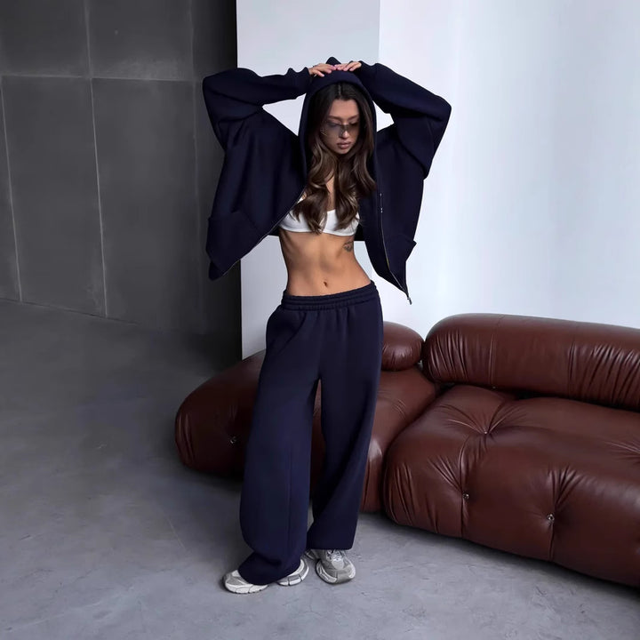 Damen lässige Oversize-Jacke mit durchgehendem Reißverschluss und weiten Hosen Drune