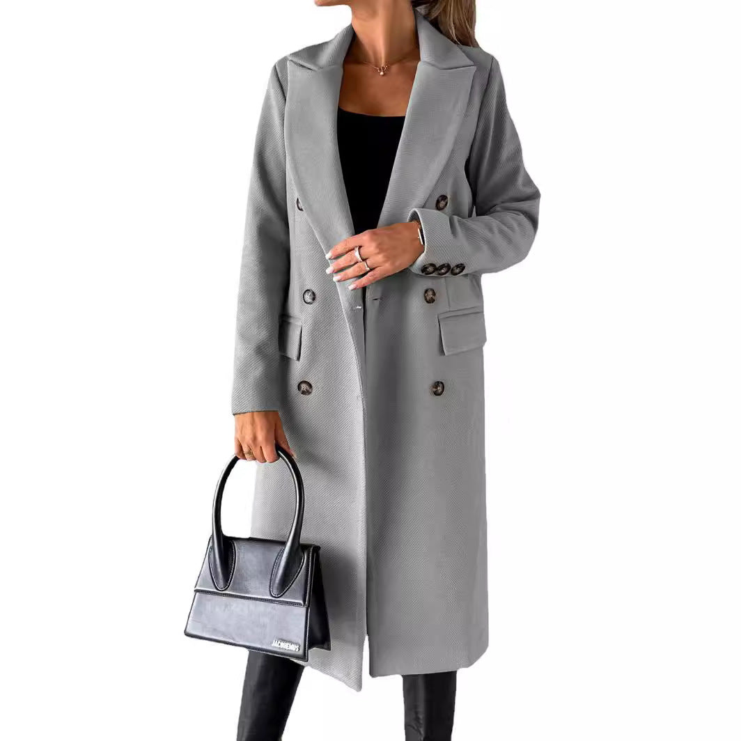 Damen nan klassischer langer Doppelreiher Mantel mit Reverskragen und Pattentaschen Drune