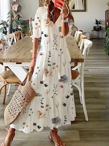 Damen nan knöchellanges A-Linien-Sommerkleid mit ganzflächigem Blumenmuster V-Ausschnitt und lockerem Fall Drune