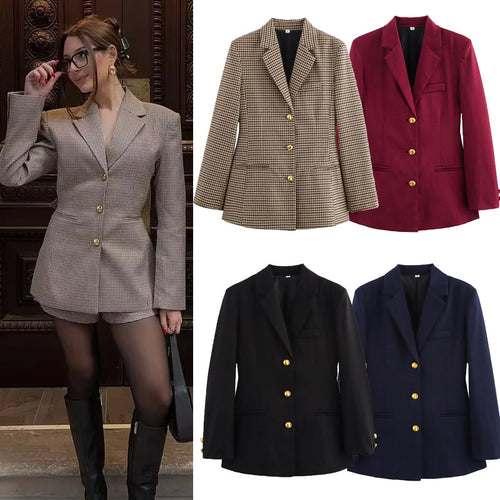 Damen moderne kariert Blazerjacke mit goldenen Knöpfen Drune