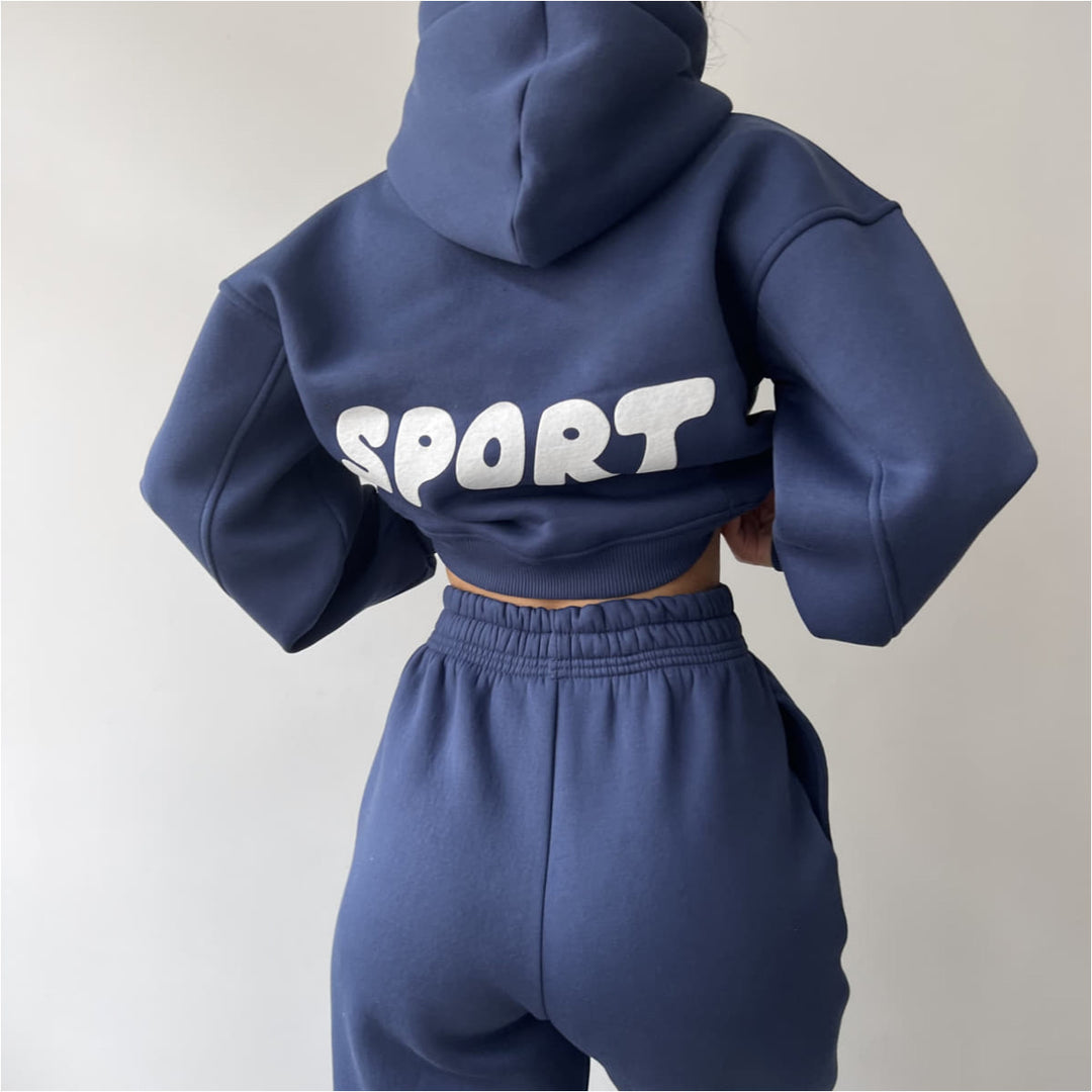 Damen modisches sportliches Set mit cropped Hoodie und weiten Jogginghosen Drune