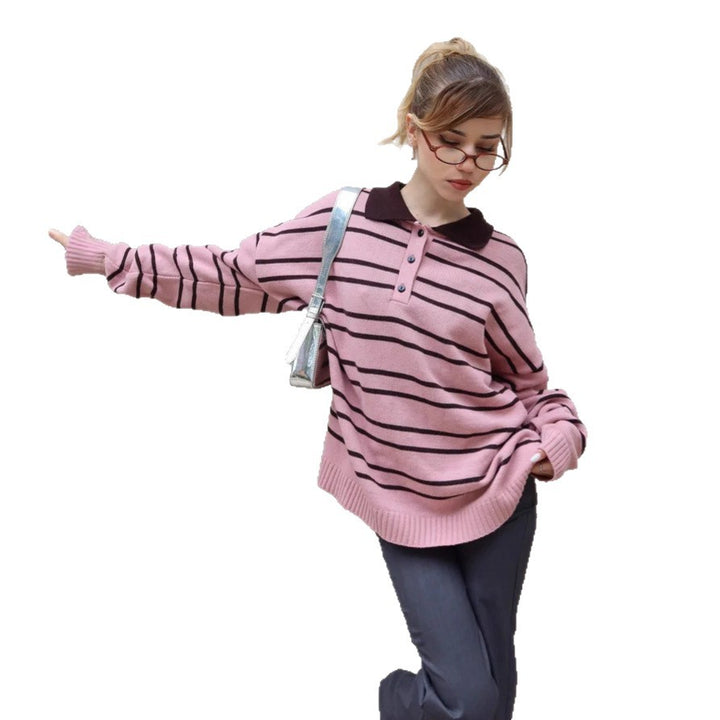 Damen gestreifter Pullover mit Schalkragen und Knopfdetails Drune