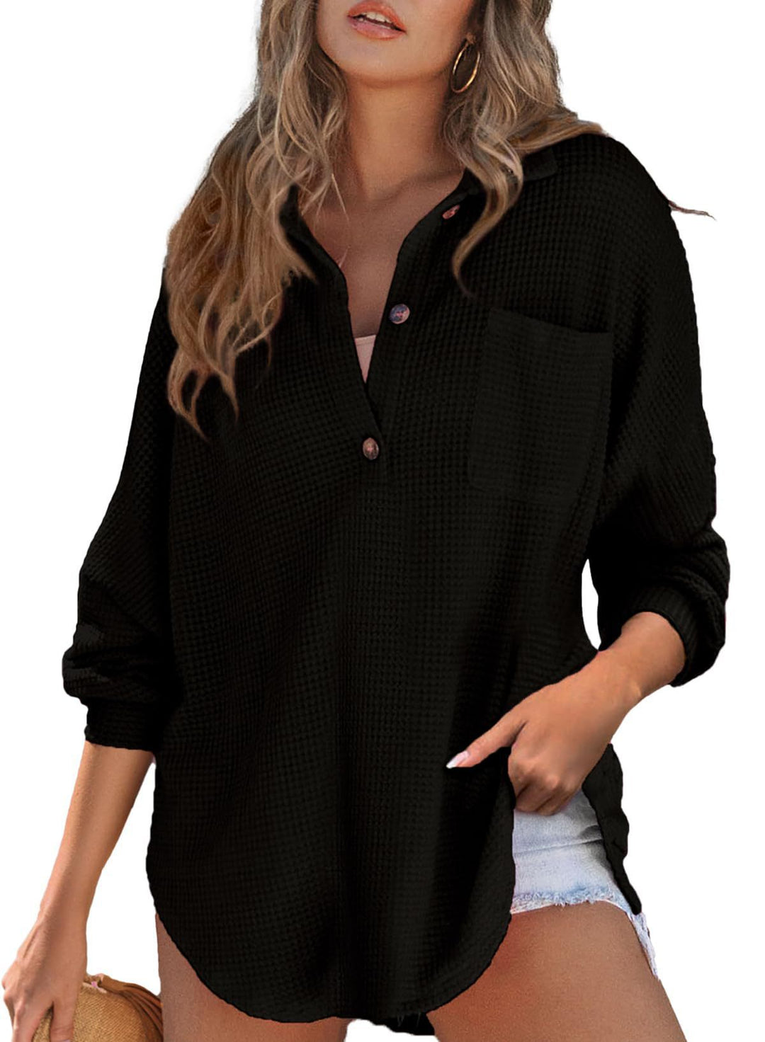 Damen lässiges Waffelshirt mit Knopfdetails und Taschen Drune