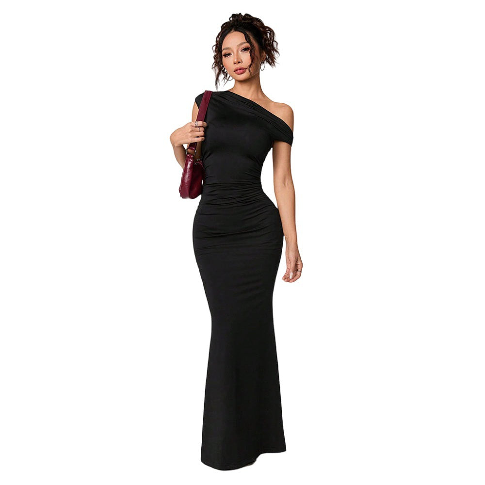 Damen figurbetontes Maxikleid mit asymmetrischem Ausschnitt und eleganter Drapierung Drune