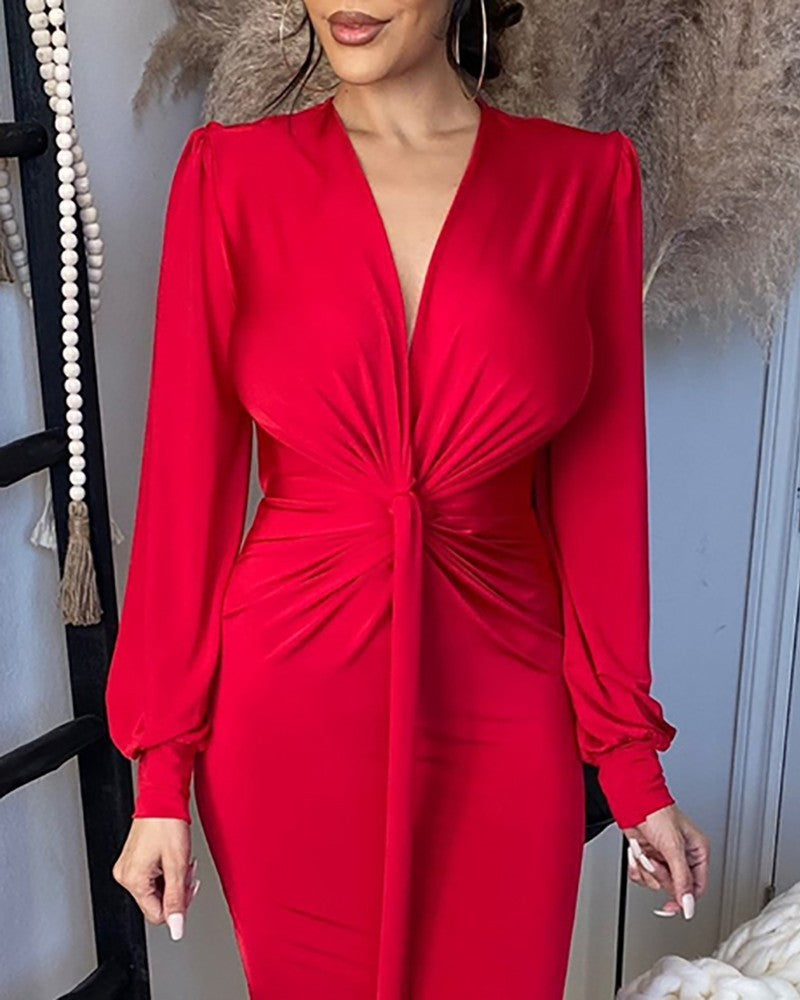 Damen Elegantes Abendkleid mit tiefem V-Ausschnitt und Schlitz Drune
