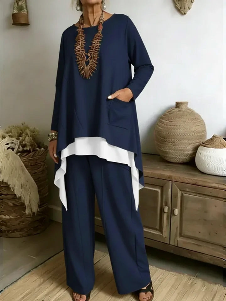 Damen lässiges Ensemble aus asymmetrischem Oberteil und weitem Hosen Drune