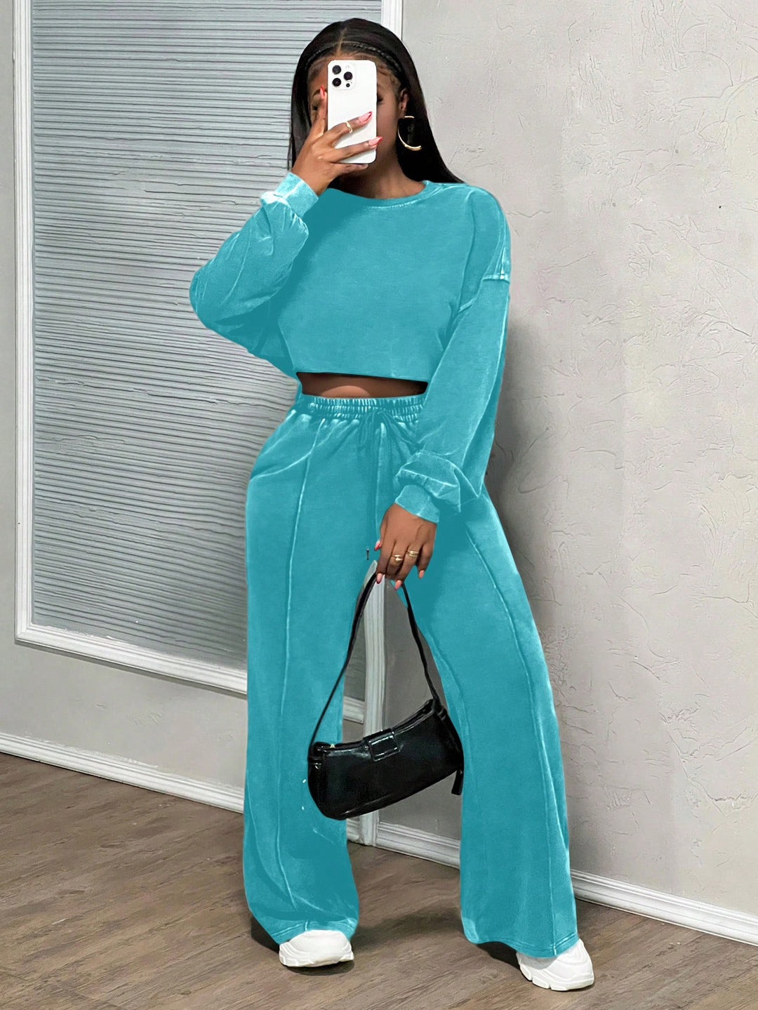 Damen lässiges Crop-Oberteil und weit geschnittene Hose Set Drune