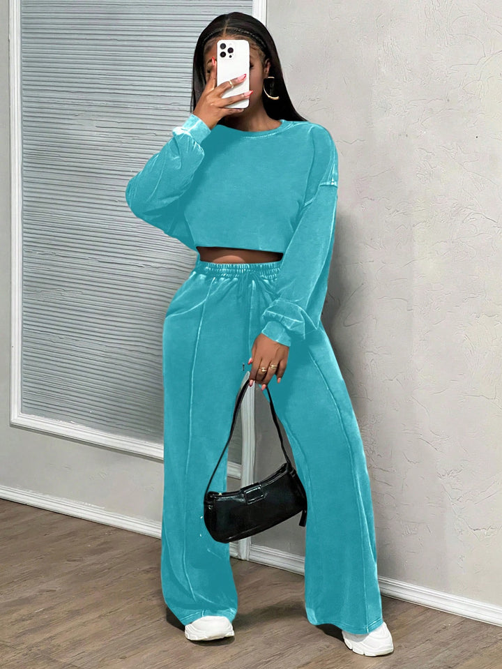Damen lässiges Crop-Oberteil und weit geschnittene Hose Set Drune