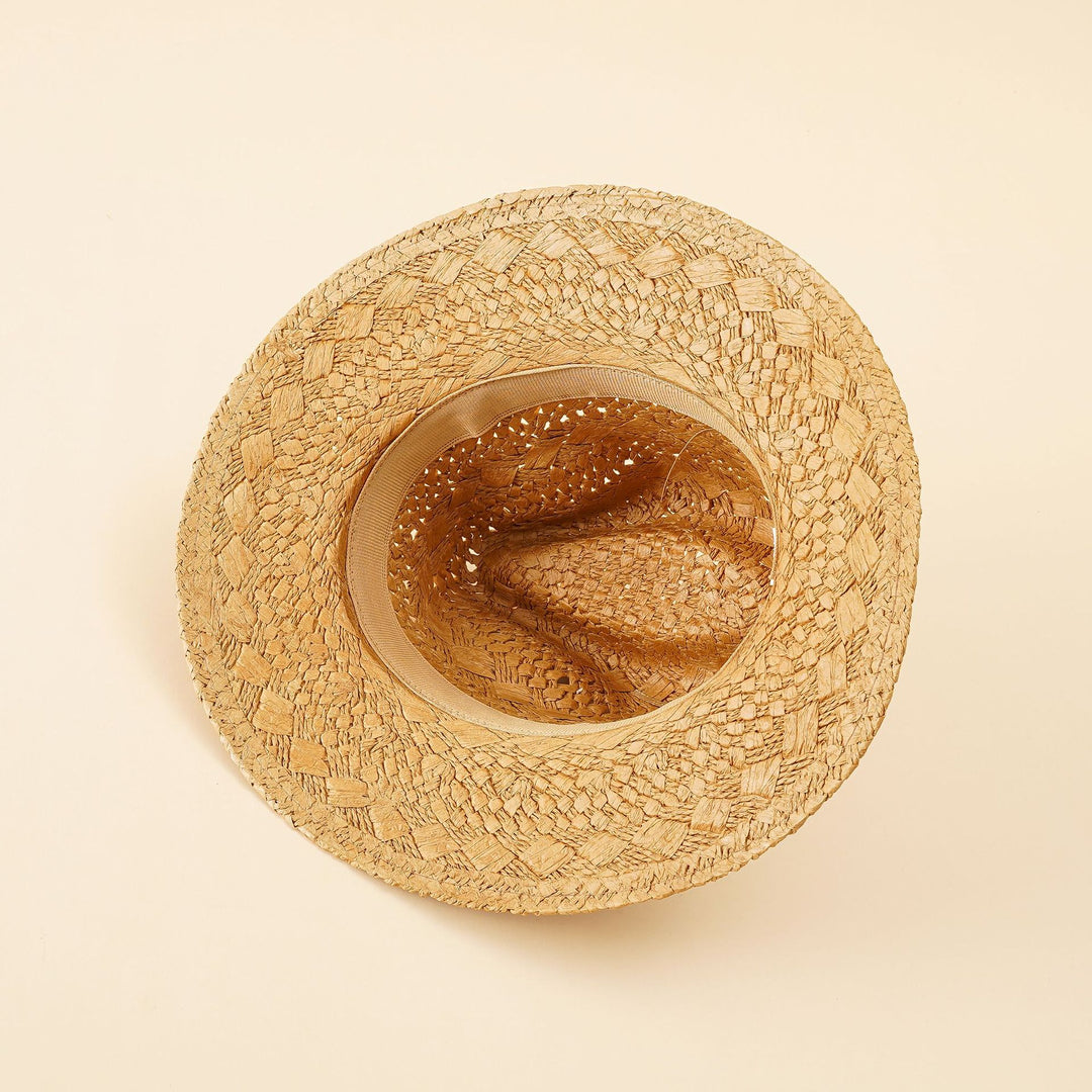 Damen Strohhut im klassischen Fedora-Stil mit breiter Krempe und elegantem Band Drune