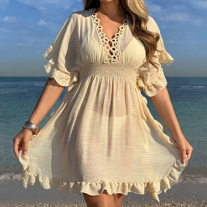 Damen luftiges Strandkleid mit Rüschendetails und vorteilhafter Schärpe Drune