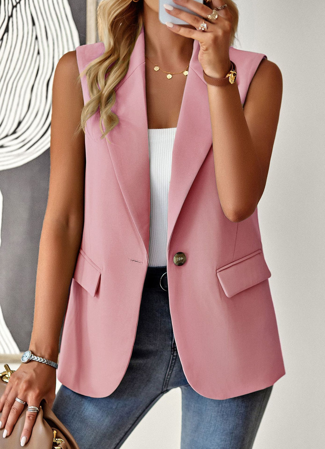 Damen lässiger Blazer ohne Ärmel mit tailliertem Schnitt und eleganten Taschen Drune