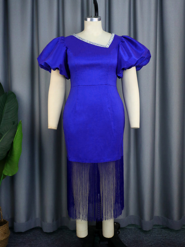 Damen Glamouröses Abendkleid mit voluminösen Puffärmeln und Fransen Saum Drune