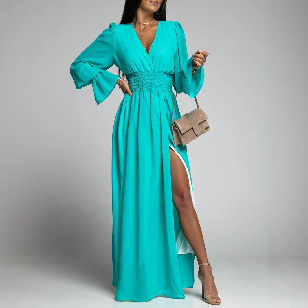 Damen Maxi-Kleid mit tiefem V-Ausschnitt und voluminösen Ärmeln Drune