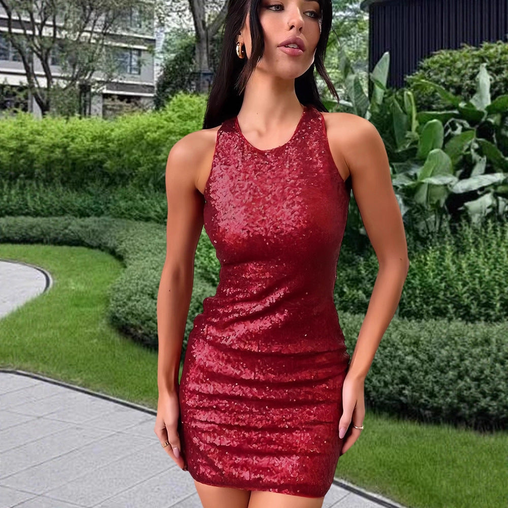Damen Glitzerndes Minikleid mit schimmerndem Obermaterial und racerback Design Drune