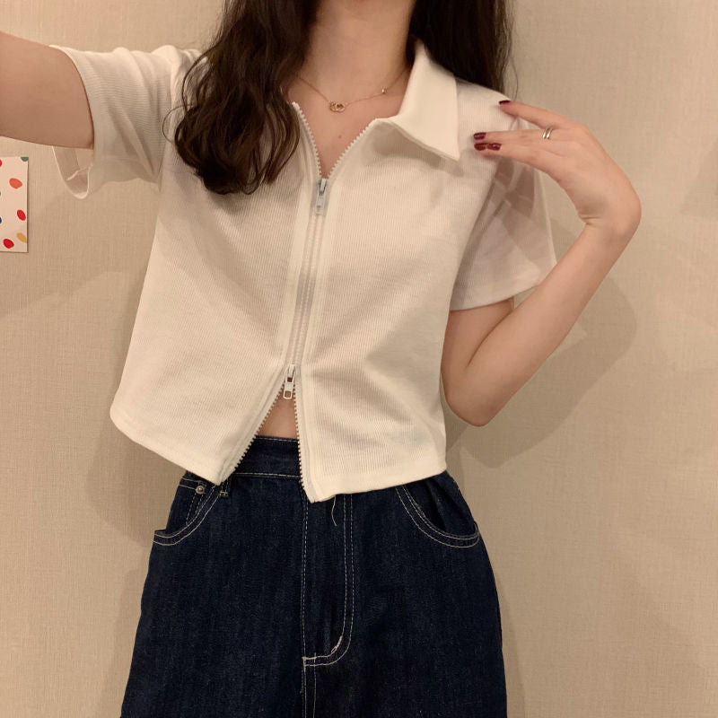 Damen Cropped Poloshirt mit Reißverschluss und strukturierter Textur Drune