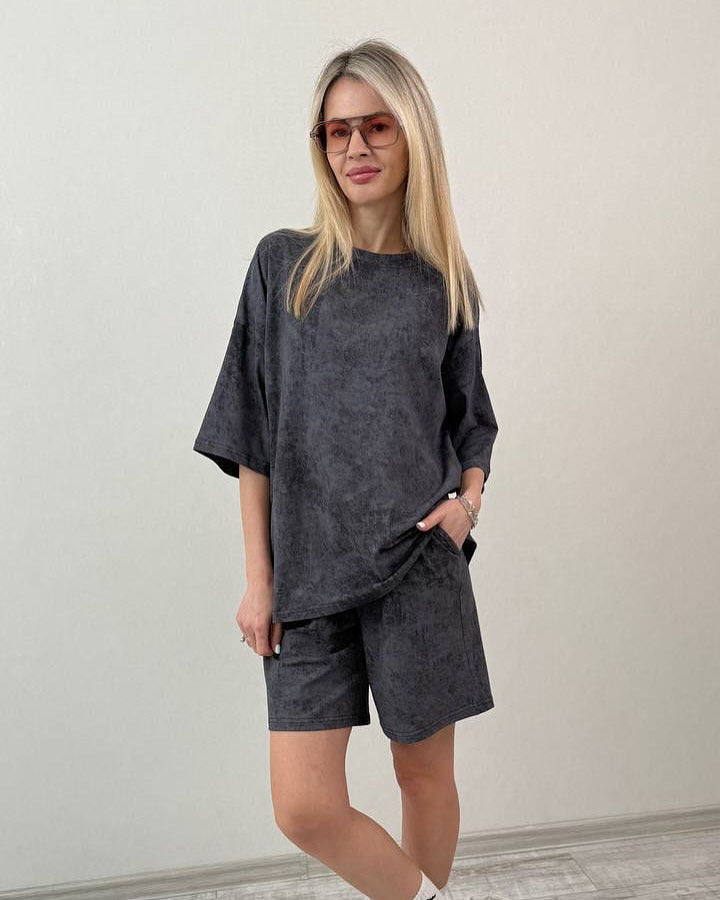 Damen lässiges Kurzarm-Set aus weichem Material mit bequemen Shorts Drune