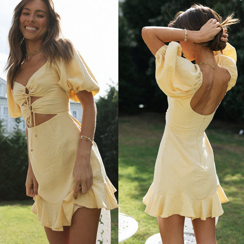 Damen Cut-Out Minikleid mit Rüschensaum und Schnürdetail Drune