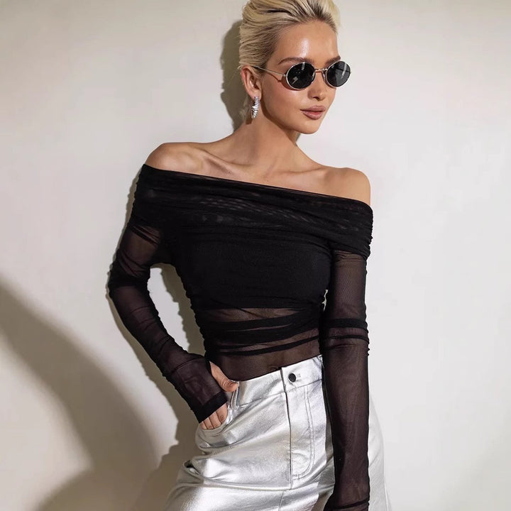 Damen Offshoulder Langarm-Top aus transparentem Netzmaterial Drune