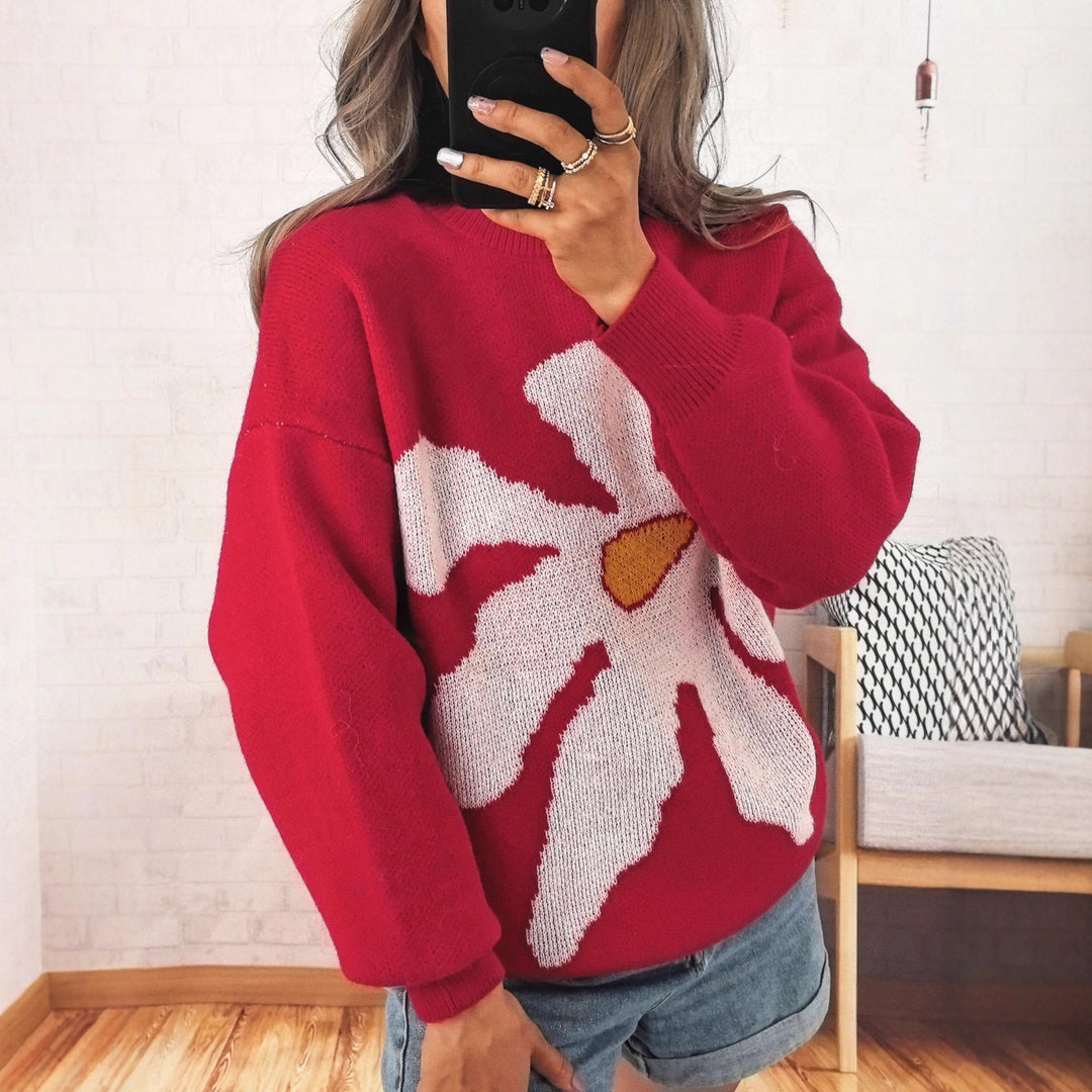 Damen Pullover mit auffälligem Blütenmotiv und lockerer Passform Drune