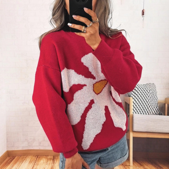 Damen Pullover mit auffälligem Blütenmotiv und lockerer Passform Drune