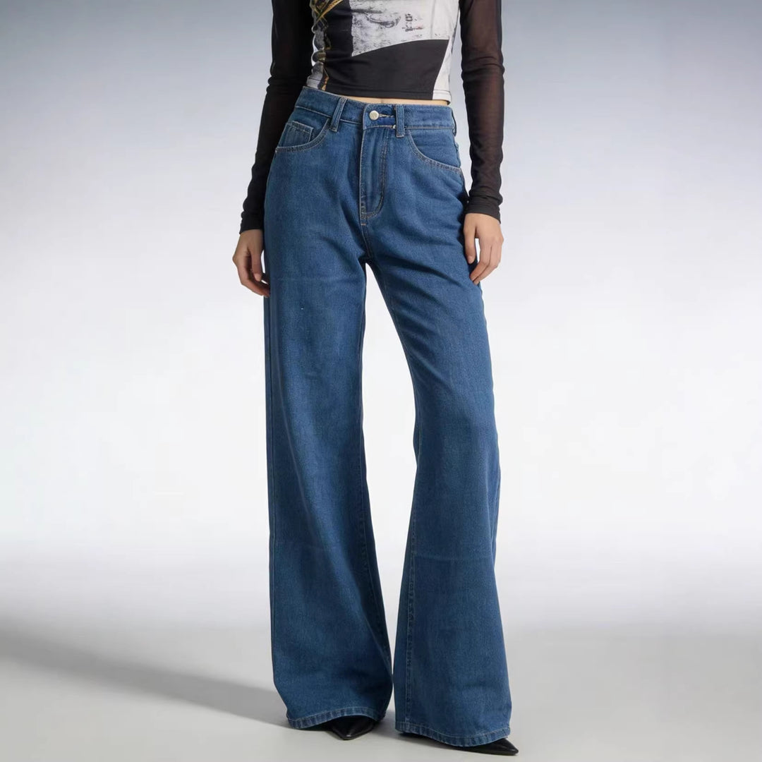 Damen weite Denim-Hose mit Vintage-Waschung und hoch geschnittenem Bund Drune