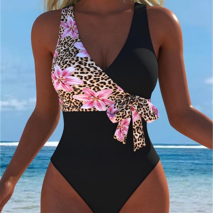 Damen Einteiliger Badeanzug mit floralem Wickeldesign und trendigem Leopardenmuster Drune
