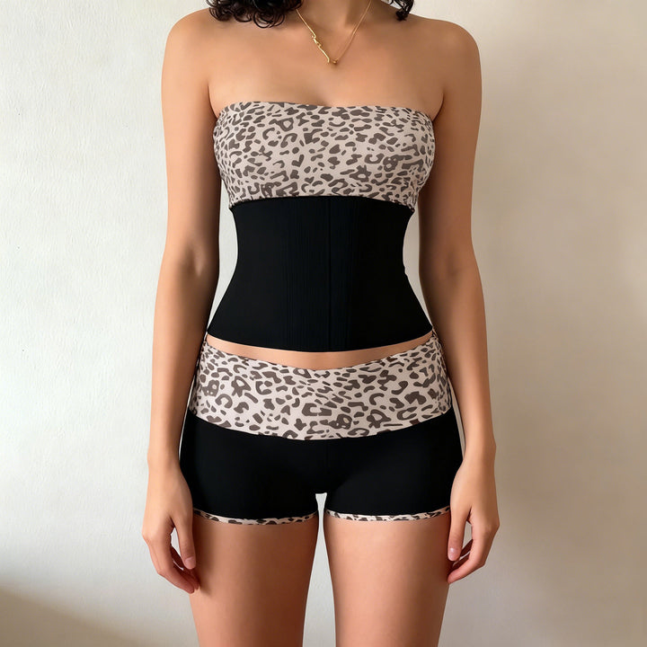 Damen Bandeau-Bikini-Set mit modischem Leopardenmuster und bequemen Shorts Drune