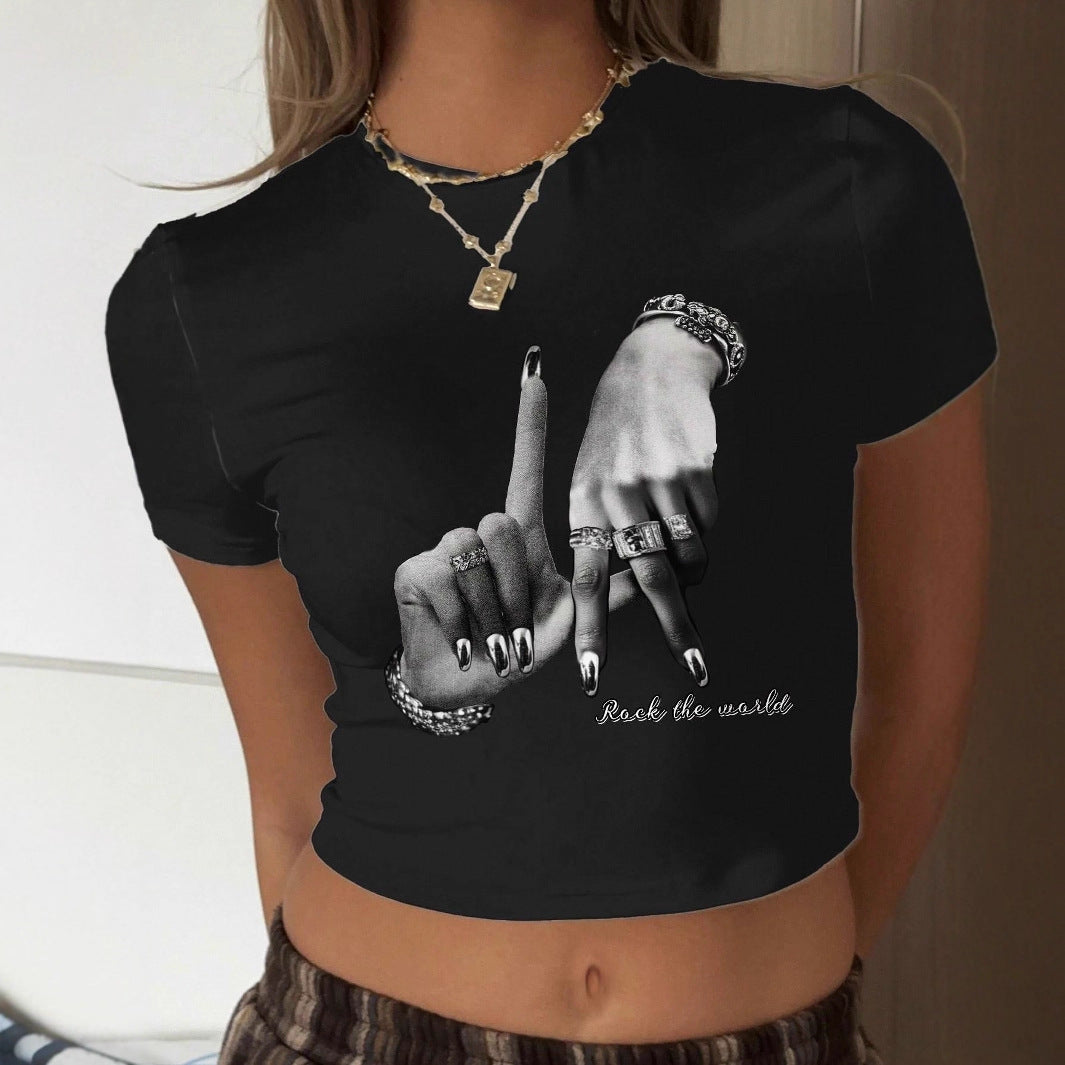 Damen Crop-T-Shirt mit künstlerischem Handdesign und motivierendem Schriftzug Drune
