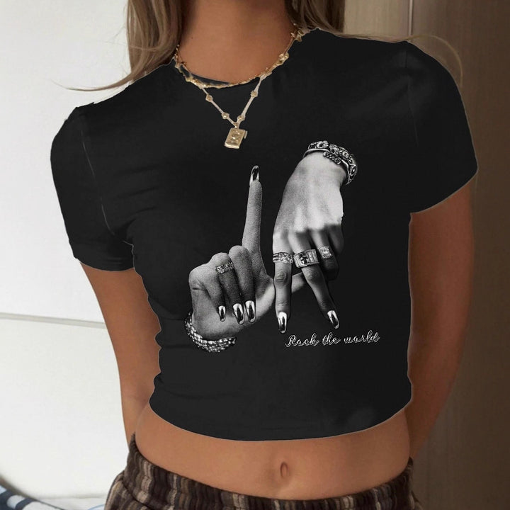Damen Crop-T-Shirt mit künstlerischem Handdesign und motivierendem Schriftzug Drune