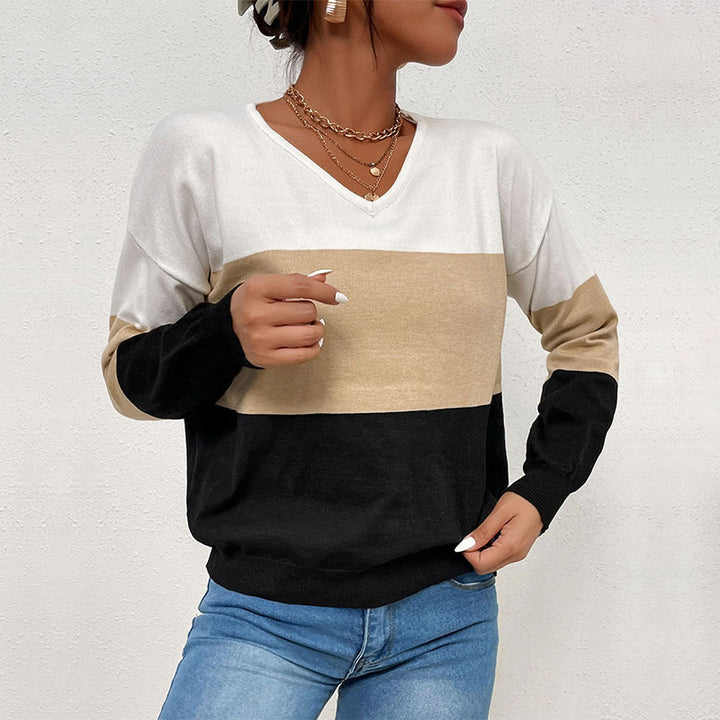 Damen lässiger V-Ausschnitt Pullover mit Farbblock-Design Drune