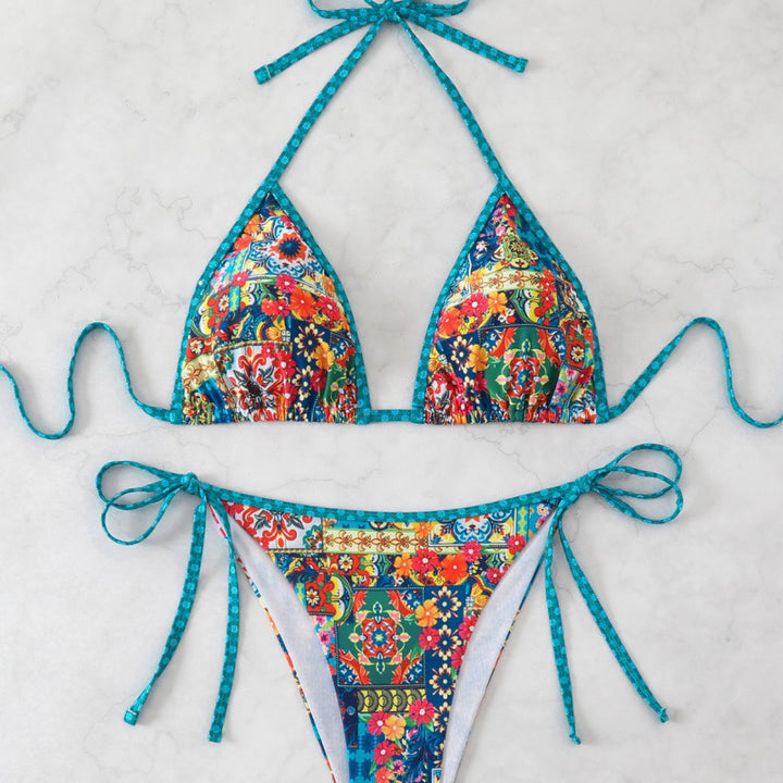 Damen Triangel-Bikini mit bunten Zierstichen und verstellbaren Bindebändern Drune