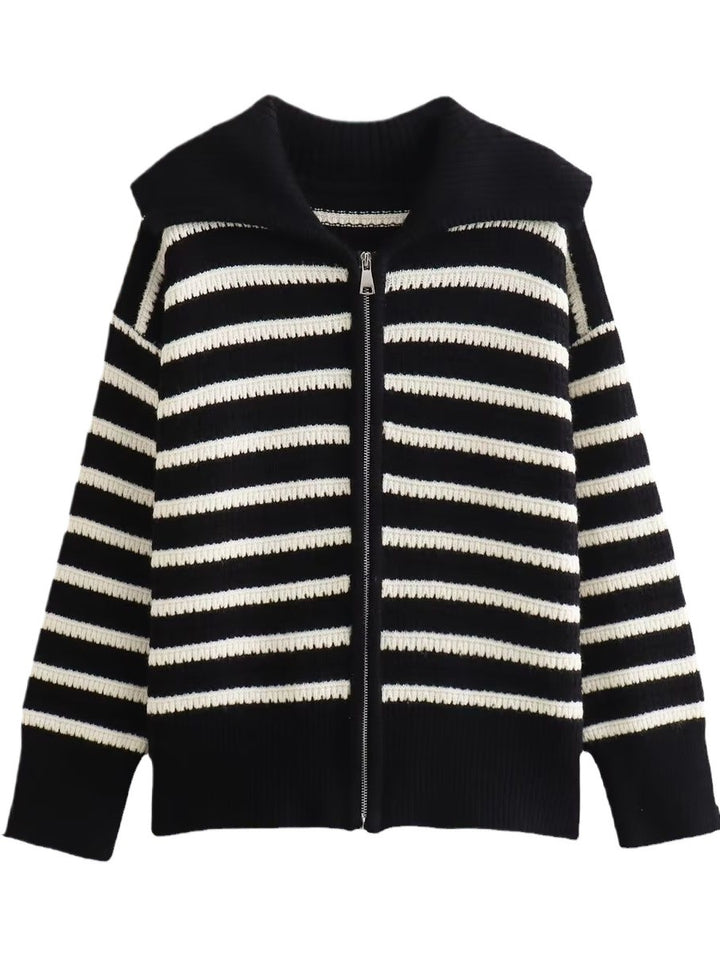 Damen gestreifte Strickjacke mit modernem Reißverschluss Drune