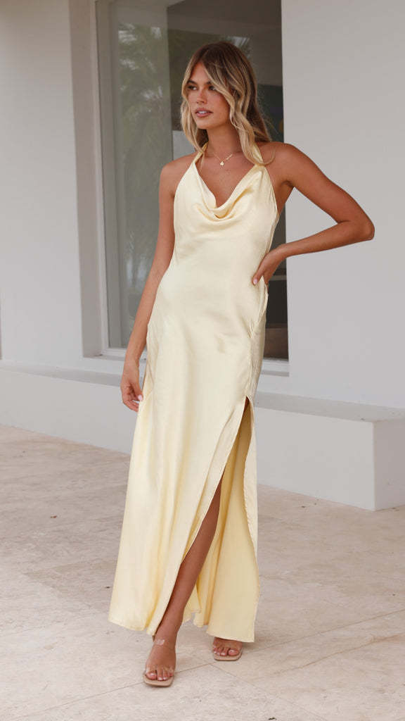 Damen elegantes Maxikleid mit fließendem Satin-Ausschnitt und hohem Schlitz Drune