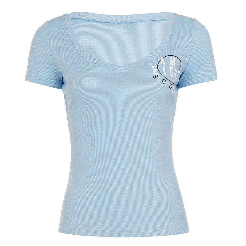 Damen Kurzarmshirt mit V-Ausschnitt und grafischem Print Drune