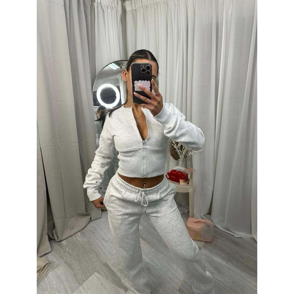 Damen nan kurzes Zip-Cropped-Shirt mit formendem Bund und breite Relax-Sweatpants mit Tunnelzug Drune