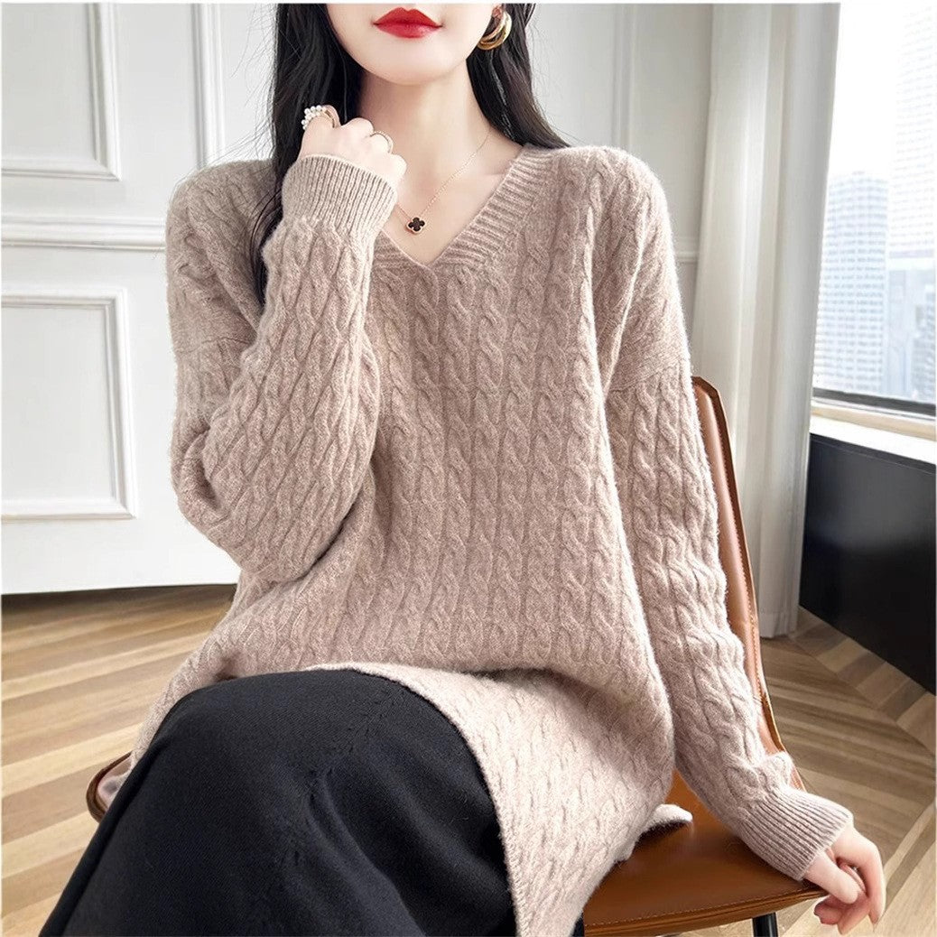 Damen V-Ausschnitt Pullover mit charakteristischem Zopfmuster und lässigem Schnitt Drune