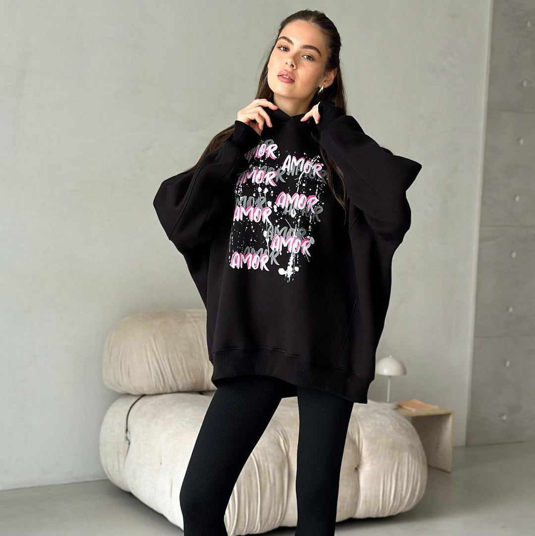Damen lässiger Kapuzenpullover mit auffälligem Schriftzug Drune