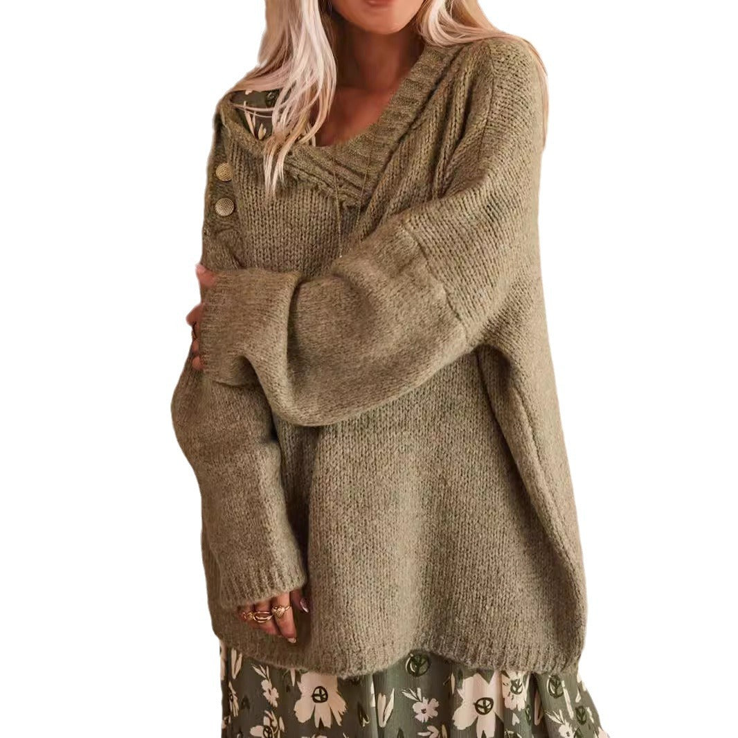 Damen Grobstrickpullover mit hohem Kragen und modischen Knopfdetails Drune