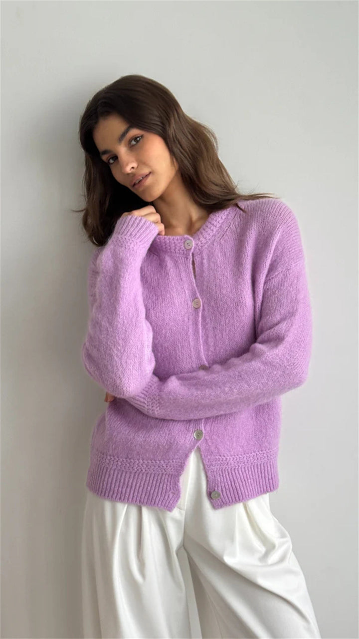Damen kuschelige Strickjacke mit knöpfbarem Design und voluminösen Ärmeln Drune