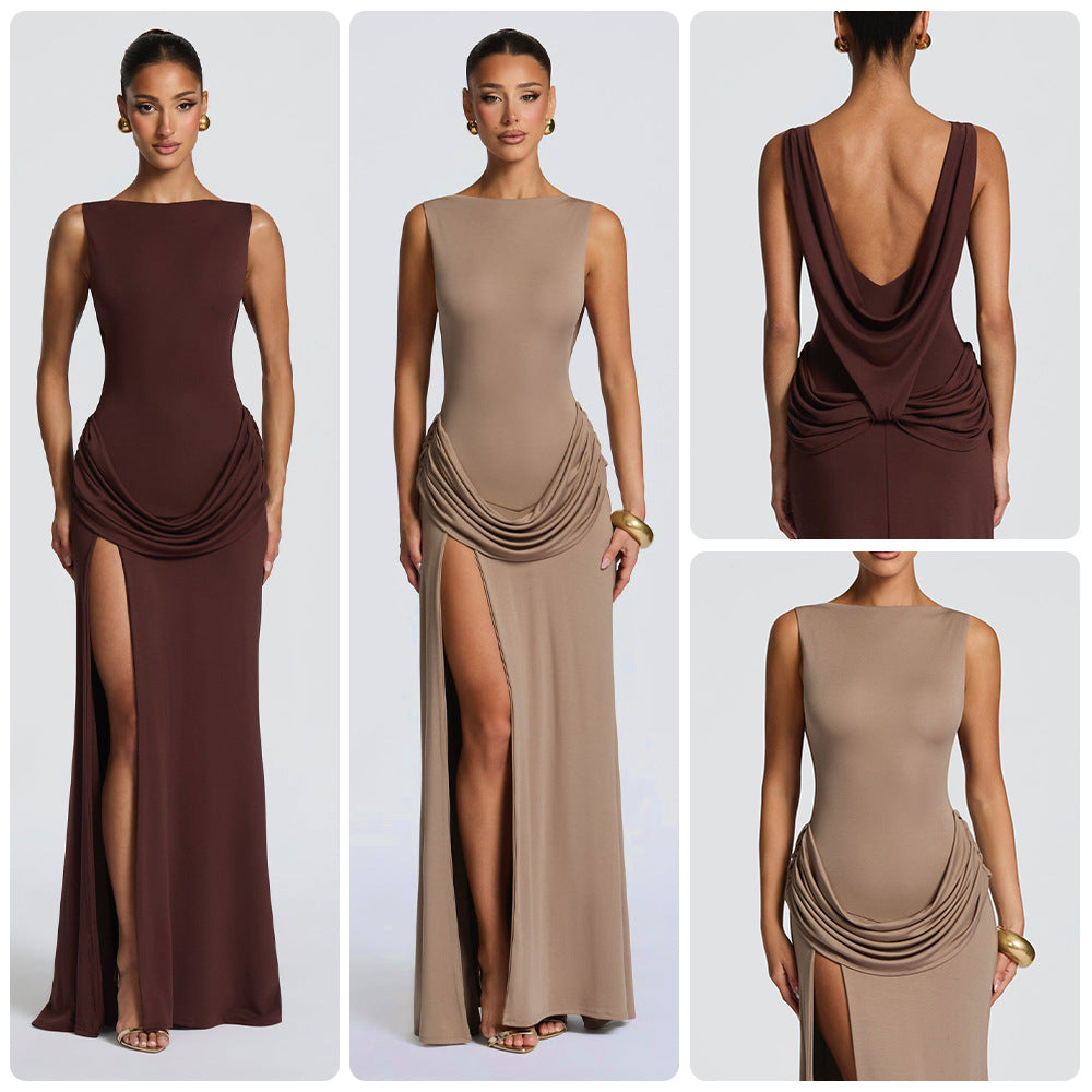 Damen Elegantes Maxikleid mit raffinierter Drapierung und hoch schlitzendem Design Drune