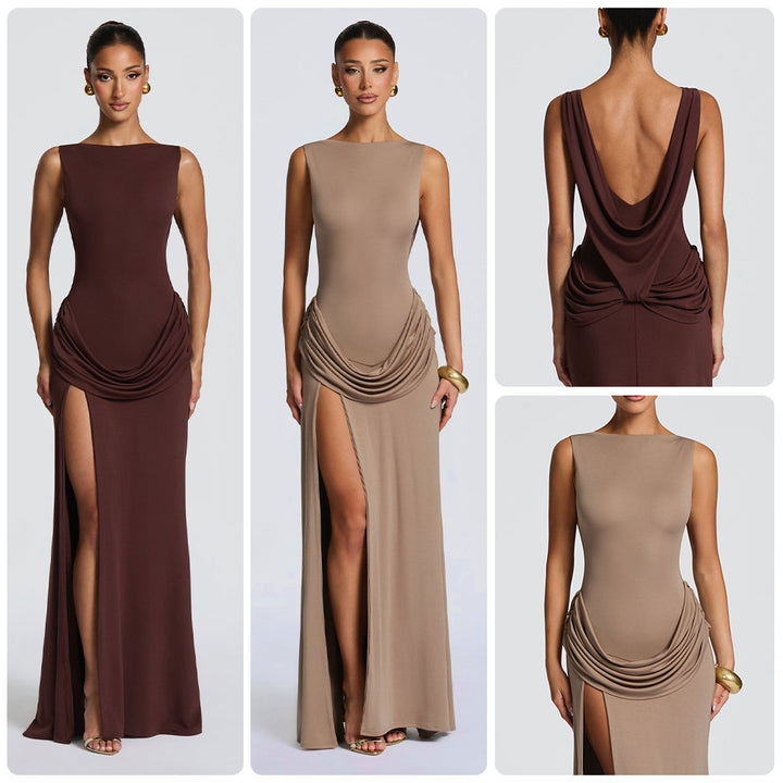 Damen Elegantes Maxikleid mit raffinierter Drapierung und hoch schlitzendem Design Drune