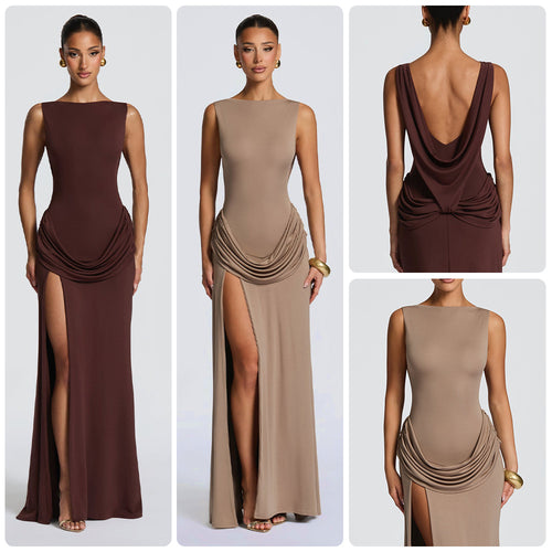 Damen Elegantes Maxikleid mit raffinierter Drapierung und hoch schlitzendem Design Drune
