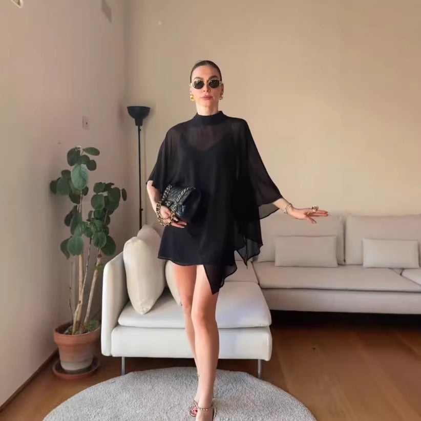 Damen elegante Chiffon-Tunika mit asymmetrischem Schnitt und fließendem Design Drune