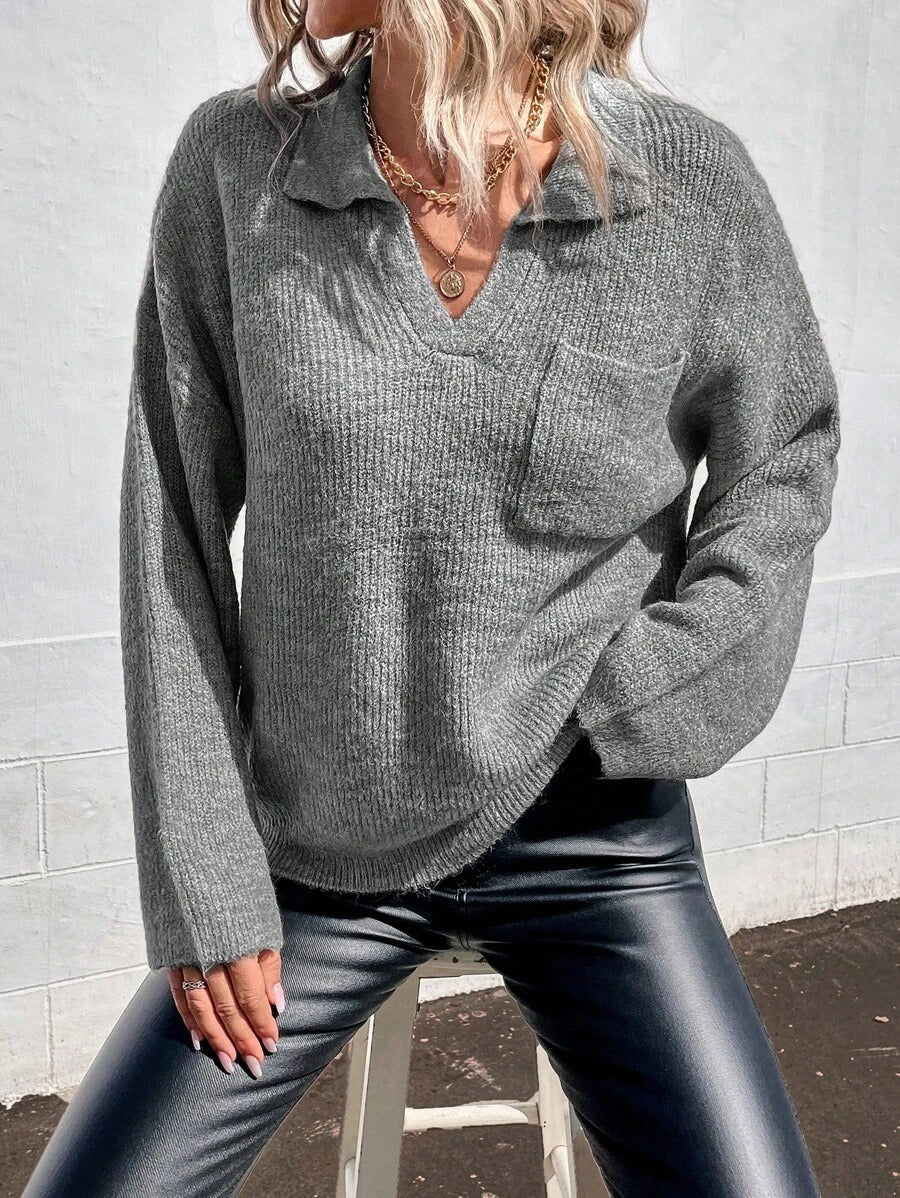 Damen Sportlicher Pullover mit modernem V-Ausschnitt und praktischer Brusttasche Drune