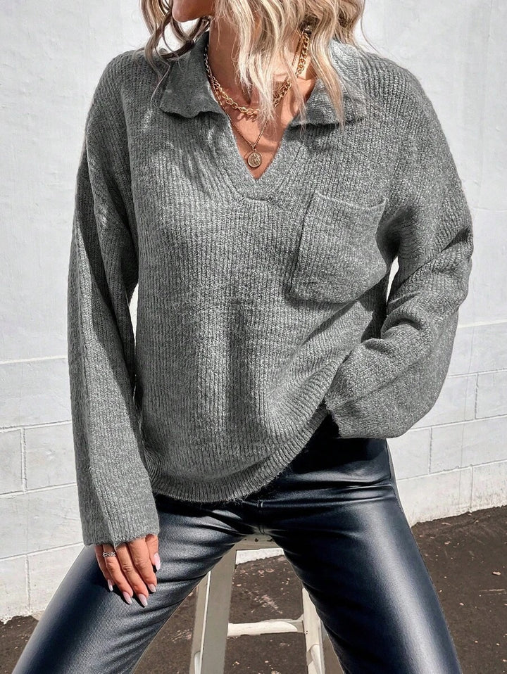 Damen Sportlicher Pullover mit modernem V-Ausschnitt und praktischer Brusttasche Drune