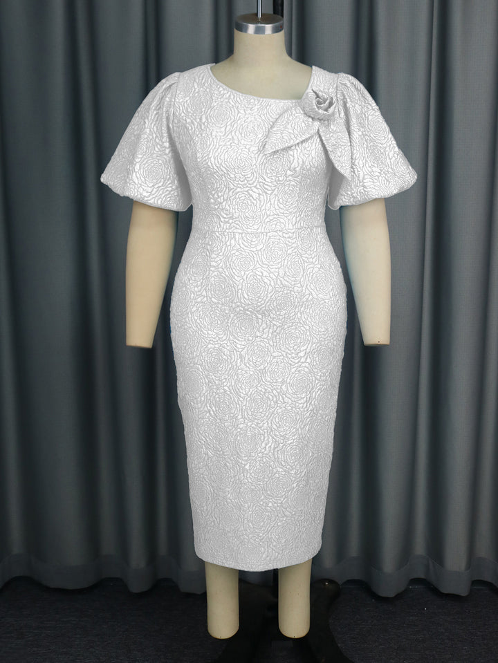 Damen elegantes Etuikleid mit fließenden Puffärmeln und Blumenapplikation Drune