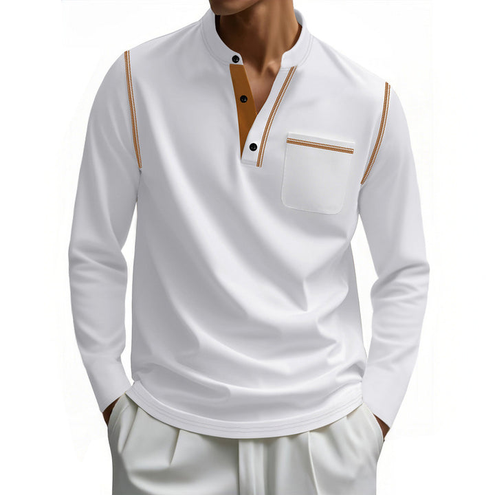 Herren nan Henley-Langarmshirt mit Stehkragen, Brusttasche und kontrastierenden Ziernähten Drune